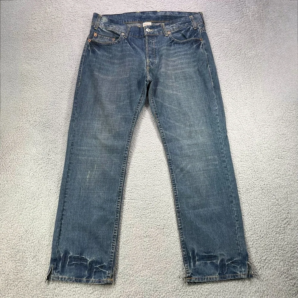 True Religion Logan Jeans Men 38 Blue Button Fly Distressed Split Hem‎ Whiskers